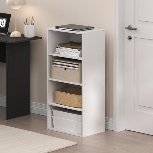Furinno Basic Book Shelf, 4-Tier Bookcase with Open Shelf, Bookshelf, Cube Storage Organizer, 11 x 17 x 35, for Living Room, Bedroom, Home Office, White