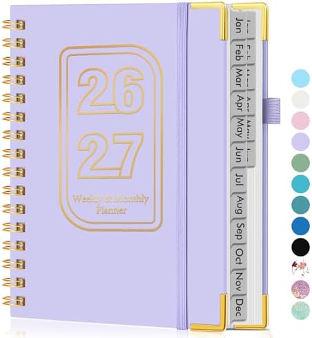 Academic Planner 2026-2027, Weekly and Monthly Hardcover Planner, July 2026 - June 2027, 5.75" x 8.38" A5 Large Daily Calendar Planner Book with Tabs, Spiral Yearly Agenda Organizer Notebook for School Work Home, Purple