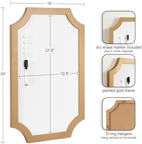 Kate and Laurel Holbrook Scalloped Magnetic Dry Erase Board with Marker and Four Magnets; 15 x 24; Gold; Decorative Wall Organization White Board for Use as Bedroom or Dorm Room Decor