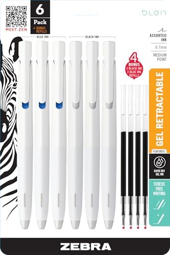 Zebra Pen bLen White Retractable Gel Pen, Black/Blue Ink, 0.7mm, 6-Pack