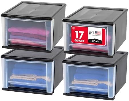 IRIS USA 4-Pack, 17 Qt. Medium Stacking Drawer Storage Organizer, Black