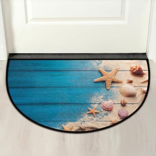Blue Wood Beach Starfish Half Round Door Mat Non Slip Washable Semi Circle Area Rug Absorbent Soft Half Moon Rug Floor Mat for Indoor Outdoor Kitchen Bathroom Patio Front Door Mat Decor