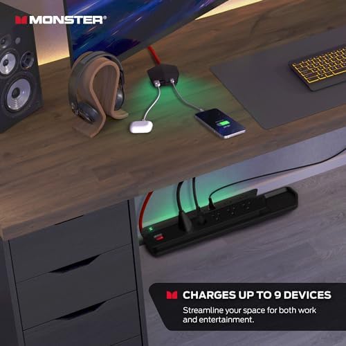 Monster Power Center Vertex XL Surge Protector With Detachable Power Strip, 10 AC Outlets, 2 USB-A Ports & 1 USB-C Port (20W)
