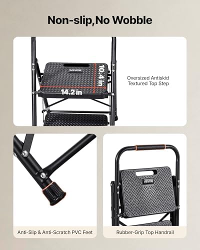 VEVOR 2 Step Ladder, Folding Step Stool with Wide Anti-Slip Pedal and Comfort Handgrip, Lightweight 600 lbs Capacity Portable Steel Ladder, Multi-Use for Kitchen, Home, Household and Office, Black