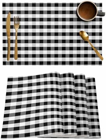 Rustic Black White Buffalo Check Plaid Pattern Placemats Set of 6, Farmhouse Heat Resistant Washable Table Place Mats Cotton Table Linens Party Holiday Decor for Kitchen Dining Outdoor Indoor