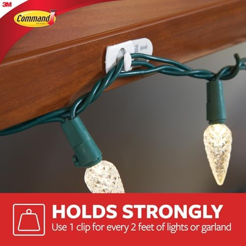 Command Decorating Clips,40 Clips and 48 Strips,Damage-Free Hanging Light-Clips with Adhesive Strips,No Tools Small Wall Clip for Hanging Lights and Cables,(Pack of 12)