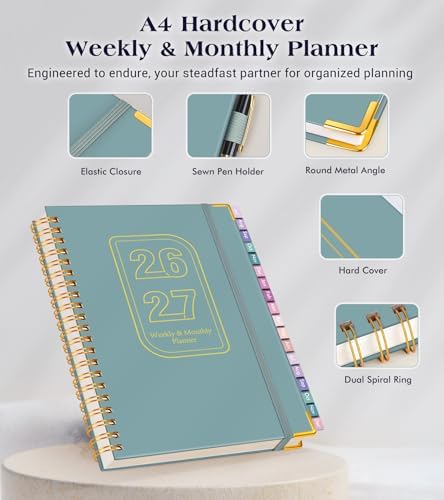 Academic Planner 2026-2027, 18 Months Weekly and Monthly Hardcover Planner, July 2026 - December 2027, 8.5" x 11" A4 Large Daily Calendar Planner Book with Tabs, Spiral College School Agenda Organizer for Student Teacher, Dusty Blue