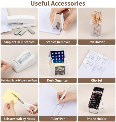 White Desk Organizers and Accessories 12+1Pcs, Office Supplies for Desk, Pen Organizer with 2 Drawers with Stapler,1000 Staples, Phone Holder, Tape Dispenser, Pen Holder, Sticky Note,Clips,Ruler,Etc