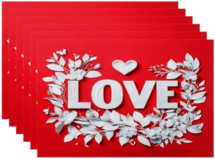 Batmerry Love Heart Linen Placemats Set of 6, Red Background with White Love Letters Washable Table Mats for Kitchen Table Thickened Heat Insulation Dining Set Indoor Outdoor 12X18 in