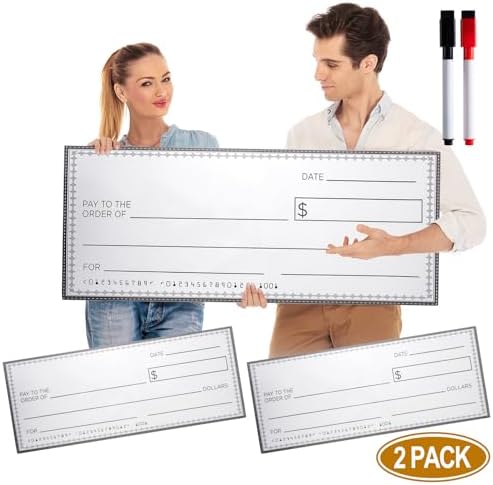 33 * 14 Inch Large Giant Big Fake Oversized Checks Award for Presentations Hard Collapsible Reusable Premium PP Plastic Board with Marker and Adhesive Strips (2 Pack)