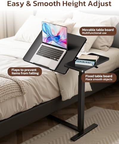 Simple Deluxe Standing Rolling Desk with Hidden Casters, Height Adjustable Pneumatic Mobile Laptop Desk, Tilting Bedside Table for Laptop, Overbed Bedside Table Hospital Home Use, Black