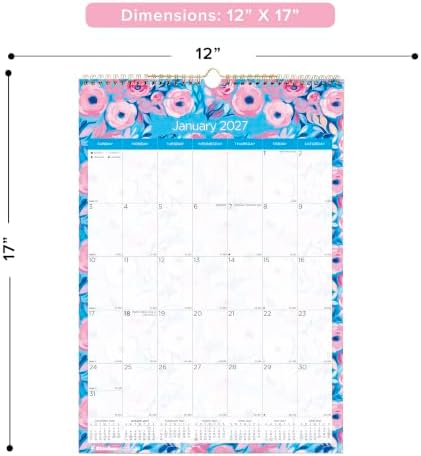 Blueline® 2027 Colorful Monthly Wall Calendar, 12 Months, January to December, Gold Twin-Wire Binding, 12" x 17", Floral (C173128)