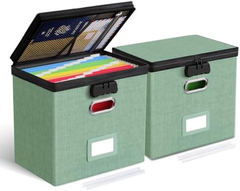 Oterri Lockable File Box Small 2-Pack Hanging Organizer for Letter-Size | Dustproof Lid. 3 Mesh Pockets. Collapsible Scratch-Resistant GRS Linen. Slide Rails. Office, Home, Dorm
