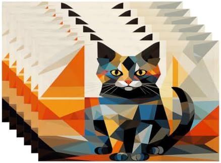 Batmerry Geometric Cat Linen Placemats Set of 6, Colorful Triangular Art Washable Table Mats for Kitchen Table Thickened Heat Insulation Dining Set Indoor Outdoor 12X18 in