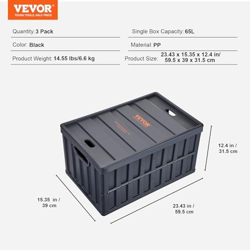 VEVOR 65L Collapsible Storage Bins with Lids 3 Packs, Stackable Crates