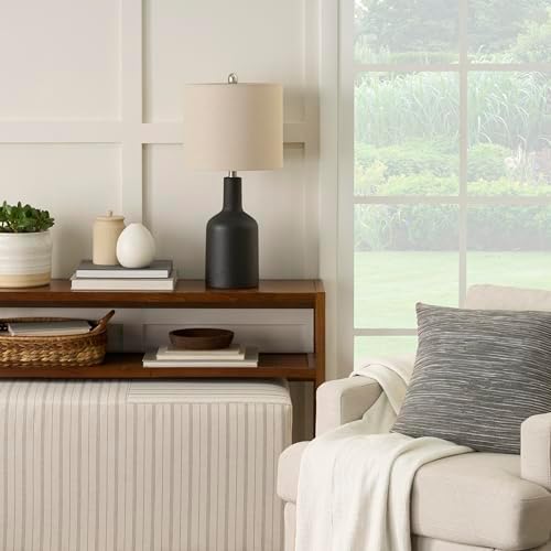 Nourison Home 22" Black Ceramic Table Lamp with Oatmeal Linen Shade for Modern Farmhouse, Bedside Lamp, Living Room Lamp, Small Accent Lamp for Dining Room