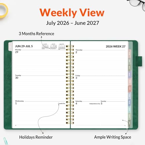 SUNEE 2026-2027 Weekly & Monthly Planner 6.4"x8.5" - 12 Month (July 2026 - June 2027), Vegan Leather Cover Planner Academic Year Calendar, Pocket, Notes, Monthly Tab, Deep Green