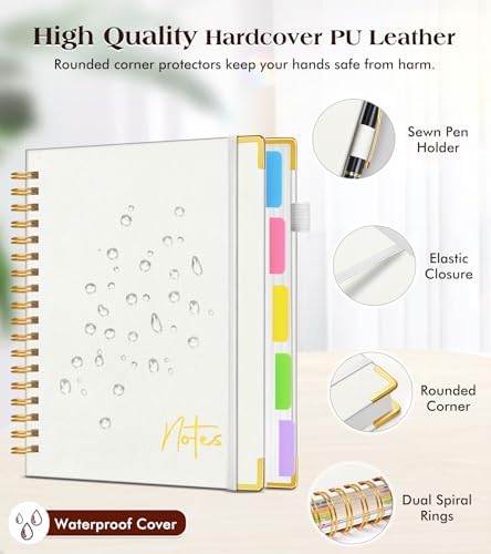 Spiral Notebook Journal with Removable Dividers Tabs, 300 Pages Hardcover Leather 5 Subject College Ruled Notebook, 8"x10" Large B5 Lined Journal for Women Men, Spiral Notebooks for Work School, Beige