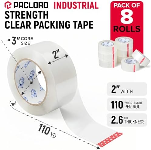 2" x 110 Yards Clear Packing Tape, Pack of 8 - Heavy-Duty 2.6 Mil Thick Carton Sealing Tape with Industrial Strength Adhesion for Packaging, Moving, or Shipping Boxes