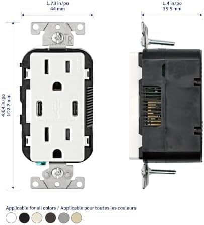 Leviton 30W (6A) USB Dual Type-C/C Power Delivery In-Wall Charger with 15A Tamper-Resistant Outlet, USB Charger for Smartphones, Tablets, Laptops, T5635-G, Gray