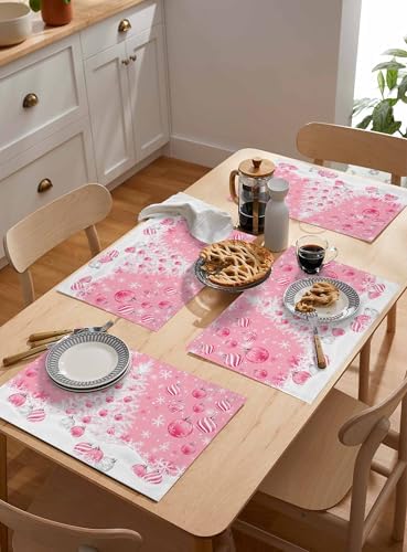Pink Christmas Placemat 1PC, White Xmas Tree Snowflakes Pink Balls Heat Resistant Washable Table Place Mats Winter Cotton Table Linens Party Holiday Decor for Kitchen Dining Outdoor Indoor