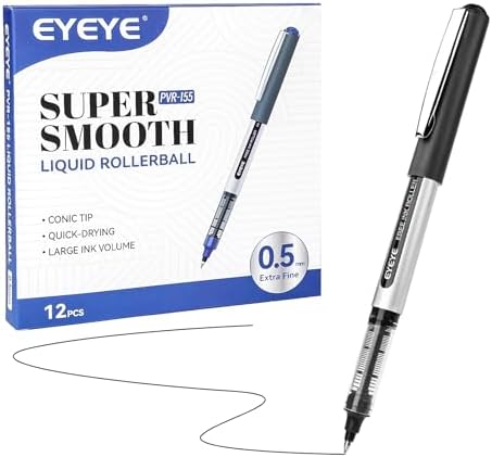 EYEYE Black Pens Pack of 12, 0.5mm Extra Fine Point Roller Ball Pen | Quick Drying Liquid Ink Rollerball Pen, Fine Point Smooth Writing Pen for Journaling Office Supplies Back to School Essential