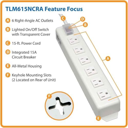 Eaton Tripp Lite Series Heavy Duty Power Strip, 6 Right-Angle Outlets, Metal, Under Desk & Wall Mount Option, 15ft Extension Cord, On/Off Switch Cover, Industrial Garage Shop Work Bench (TLM615NCRA)