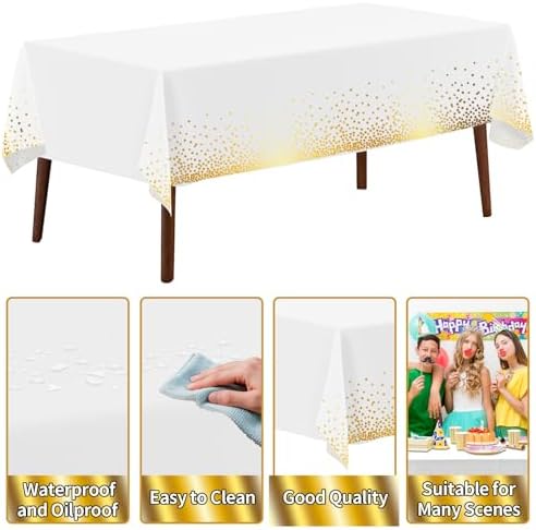 CXPSINC 54 Inch X 300 Feet Plastic Table Cover Roll Disposable Tablecloth with Slide Cutter for All Type/Shape Tables | Party, Banquet, Birthdays, Weddings(White & Gold Dot, 300 Feet)