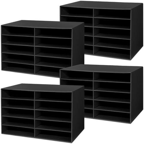 Ireer 4 Pieces Cardboard Paper Organizer, Classroom Mailboxes, Construction Paper Storage, Compartment Literature Sorters, Classroom Organizers for Student Office School (Black,10 Slots)