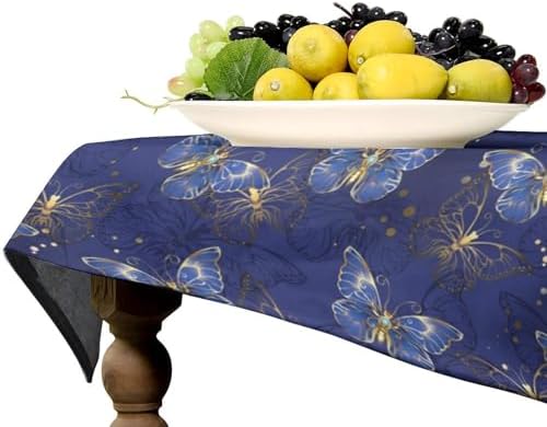 Retro Blue Butterfly Tablecloth, Luxury Golden Blue Butterfly Print Table Cover for Home Dining Decor Kitchen Party Outdoor 60x110in