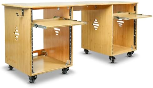 Sound Town Studio Desk Workstation with Dual 13U Side Rack Cabinets, Slide-Out Trays, Casters, for Recording Rooms and Home, Solid Carbonized Bamboo (SDRK-WS69CB)