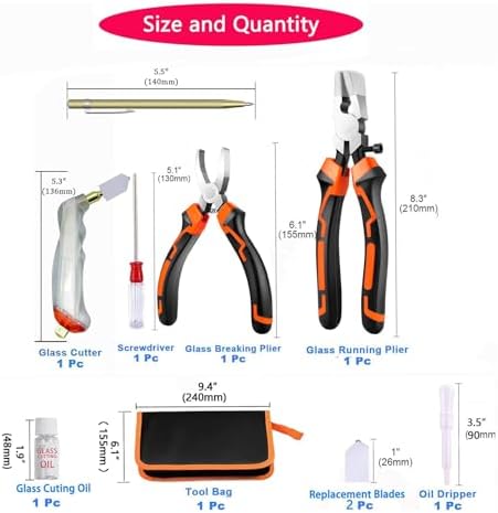Glass Cutting Tool Kit with 8" Running Pliers with Curved Jaws, 6" Breaker Pliers, Glass Cutter 2-20mm, Replacement Blades, Screwdriver, Storage Bag for Stained Glass, Tiles, Mosaic