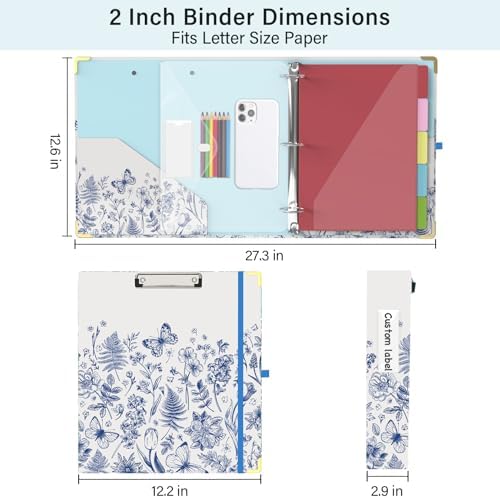 3 Ring Binder 2 Inch for Letter Size 8.5" x 11" Paper, Clipboard Binder with 5 Tabbed Dividers with Pockets, Plastic Folder and 40 Divider Stickers, School and Office Supplies, Vintage Blue Butterfly