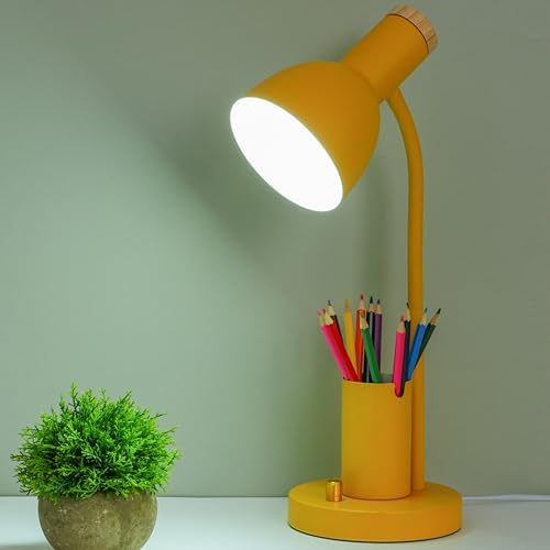Desk Lamp with Pen Holder, Green, Wood Accent, Adjustable Gooseneck, Modern Study Light (Yellow)