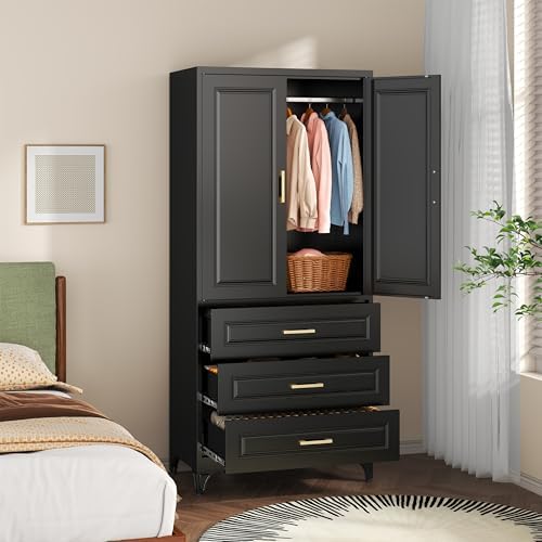 SteeLoong 71" Metal Wardrobe Cabinet,Armoire Wardrobe Closet with 3 Drawers
