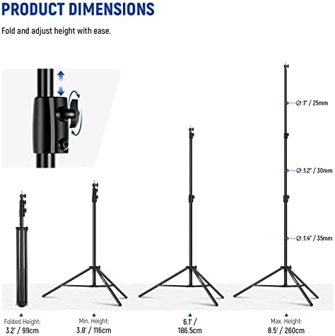 NEEWER 8.5ft/2.6m Air Cushioned Light Stand, Heavy Duty All Metal Tripod Stand with 1/4" to 3/8" Reversible Spigot, 3 Way Mounting Interface & Metal Locking Knobs, Max Load 5.5lb/2.5kg, ST-260AC