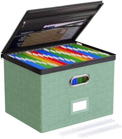 Oterri File Box Large 1-Pack Hanging Organizer for Letter/Legal-Size Folder | Dustproof Lid. 3 Mesh Pockets. Collapsible Scratch-Resistant GRS Linen. Slide Rails. Office, Home, Dorm
