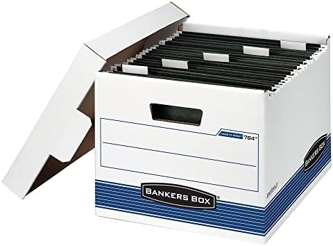 Bankers Box 4-Pack HANG'N'STOR Medium-Duty File Box, Letter, FastFold | Move hanging folders straight into storage - no unpacking needed, FastFold setup, and secure lids.