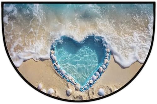 Beach Heart Seashell Half Round Door Mat Non Slip Washable Semi Circle Area Rug Absorbent Soft Half Moon Rug Floor Mat for Indoor Outdoor Kitchen Bathroom Patio Front Door Mat Decor