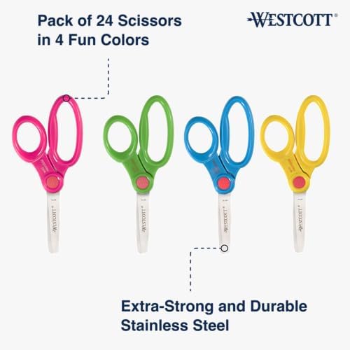 Westcott School Scissor Caddy and 5-Inch Blunt Safety Scissors for Kids, Back to School, Classroom Supplies, Assorted, 24 Pack (14756)