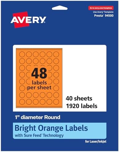 Avery Printable Round Labels, Sure Feed Technology, 1" Diameter, Bright Orange Labels, Print-to-the-Edge, Laser/Inkjet, 1,920 Total, Great for Price Stickers and Mailing Seals