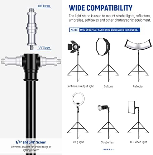 NEEWER 8.5ft/2.6m Air Cushioned Light Stand, Heavy Duty All Metal Tripod Stand with 1/4" to 3/8" Reversible Spigot, 3 Way Mounting Interface & Metal Locking Knobs, Max Load 5.5lb/2.5kg, ST-260AC