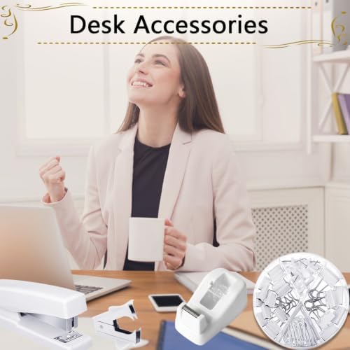 Office Supplies,White Desk Accessories,Stapler and Tape Dispenser Set for Women with Stapler,Tape Dispenser,Staple Remover,Staples,Clips,Scissors and Tabs,Gift for Students,Coworkers,Teacher,Business