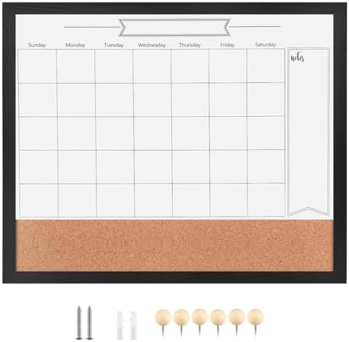 Dry Erase Calendar Whiteboard for Wall, Combination Magnetic Dry Erase White Board & Bulletin Board, 23.6" x 31.5" Wood Framed Calendar/Cork Combo Board(BK-6080)