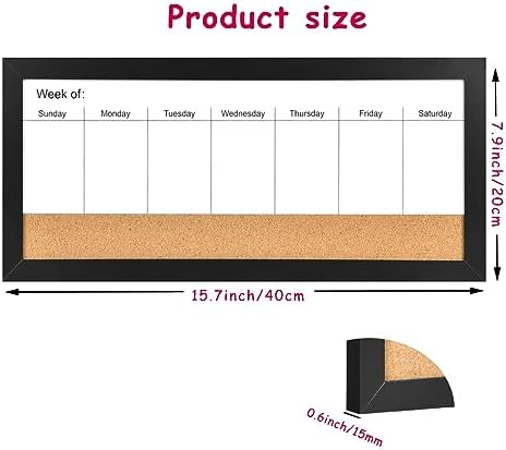 Magnetic Weekly Whiteboard and Cork Board, Black Wood Frame, 16" x 8"