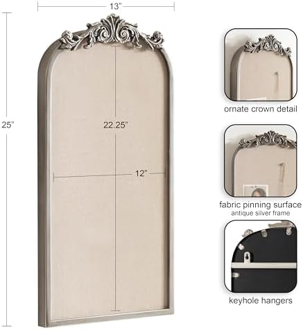 Kate and Laurel Arendahl Arch Pinboard; 13 x 25; Silver; Framed Arched Ornate Vintage Cork Board for Use as Motivational Vision Board or Wall Organizer
