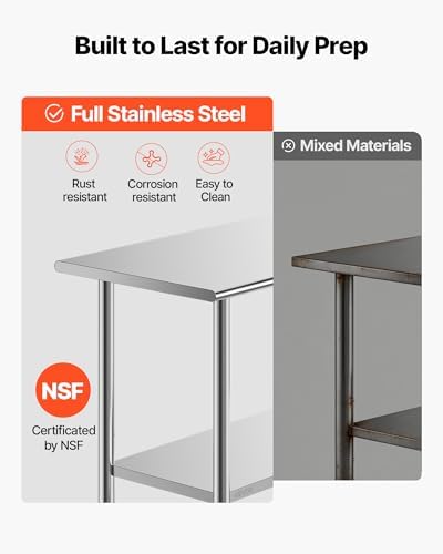 VEVOR Stainless Steel Work Table, 24x48 inch Food Prep Table with Wheels and Backsplash, Commercial Kitchen Workstation with Adjustable Undershelf, Metal Utility Worktable, for Restaurant Home Outdoor
