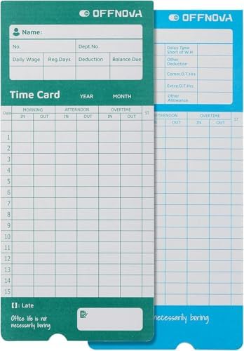 OFFNOVA Thermal Employee Time Cards, Monthly Double-Sided Punch Cards, 3.3" x 7.3", Auto Sensing & Auto Mark Late/Early Leave, 100 Pack for Office Time Clock