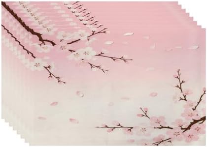 Batmerry Pink Cherry Blossom Linen Placemats Set of 8, Delicate Spring Blossoms Washable Table Mats for Kitchen Table Thickened Heat Insulation Dining Set Indoor Outdoor 12X18 in