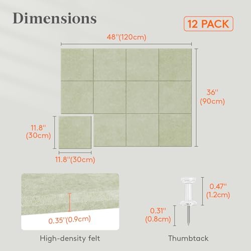 Lifewit 48"x 36" Felt Bulletin Board with Self-Adhesive, 12 Pack Cork Board Alternative for Walls, Large Pin Board Vision Board Message Board with 50 Pushpins for Office Decor, Room Decor, Sage